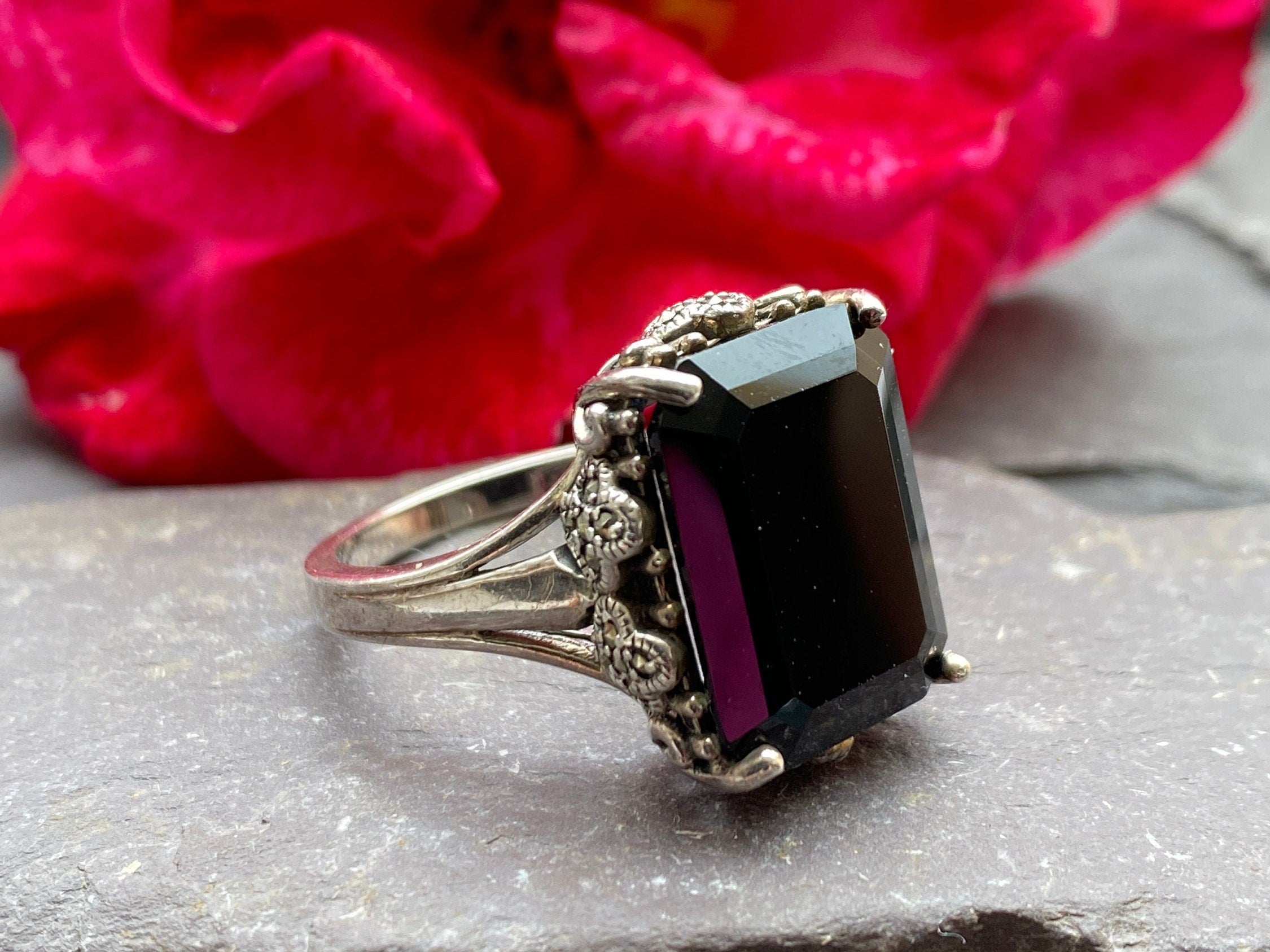 Art Deco Style Silver Black Onyx Ring Set With Marcasite Size P 1/2 or 8 US.