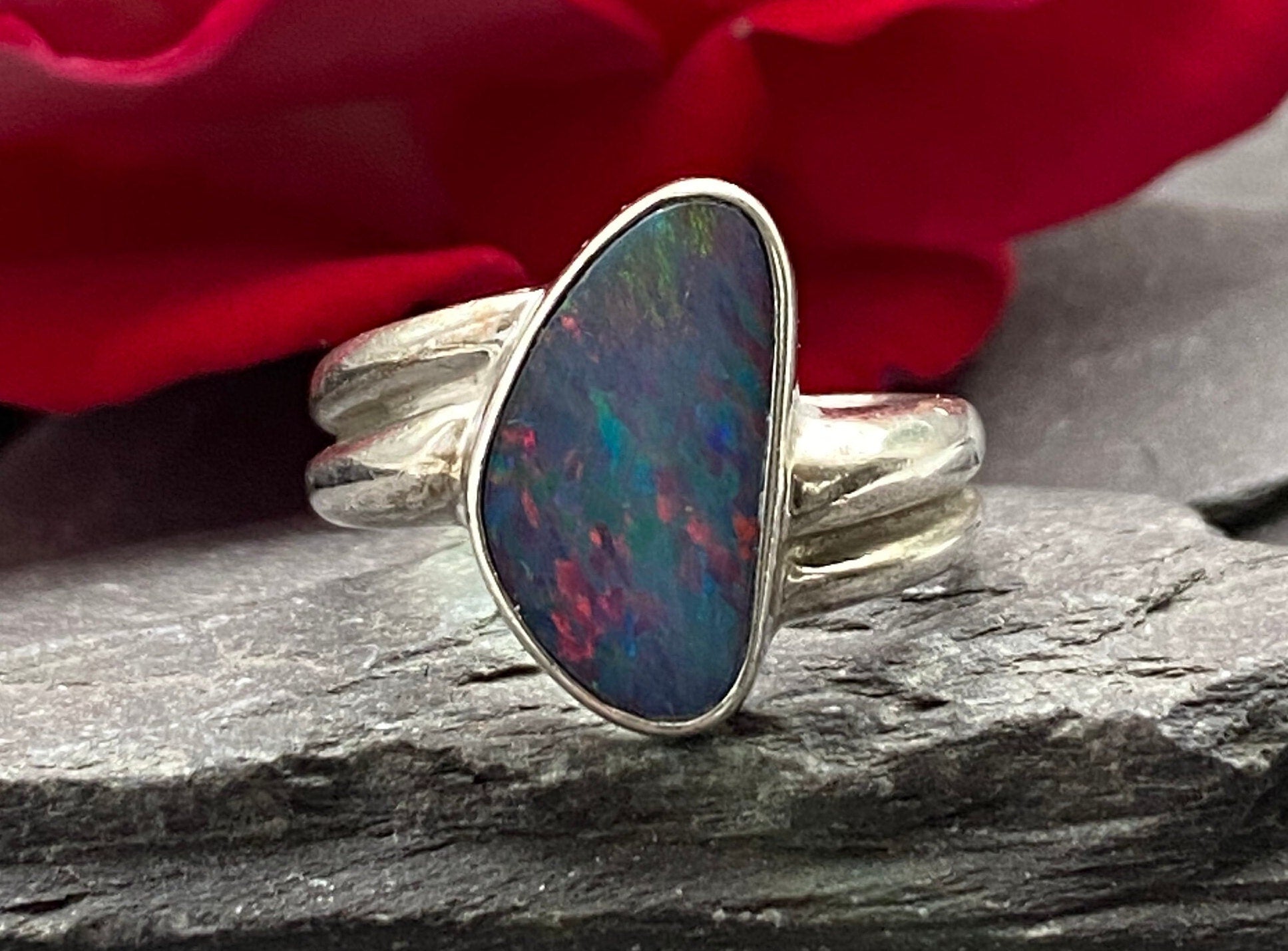 Vintage Black Opal Ring In Sterling Silver Size N 1/2 or 7 US.