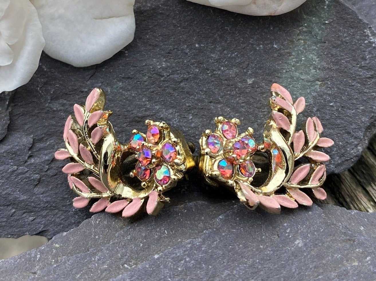 Vintage Rhinestone & Enamel Floral Clip on Earrings.