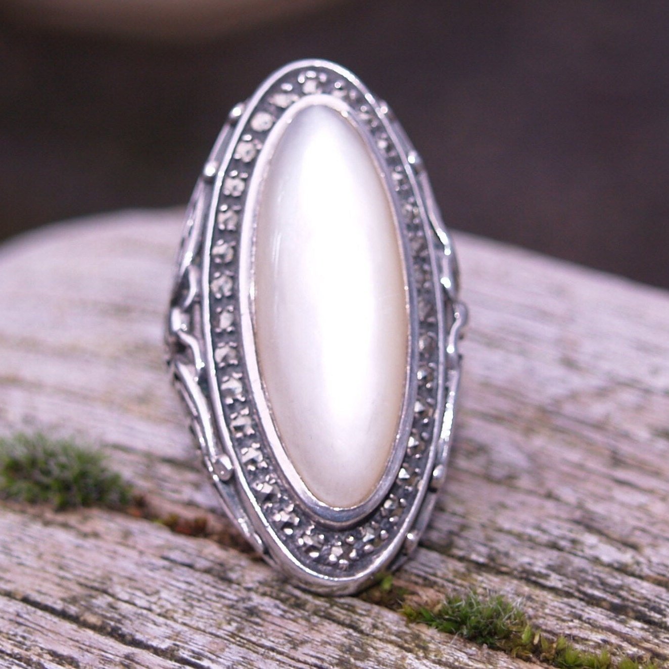 Huge Sterling Silver Mother of Pearl And Marcasite Ring Size  L 1/2 or 6 USA.