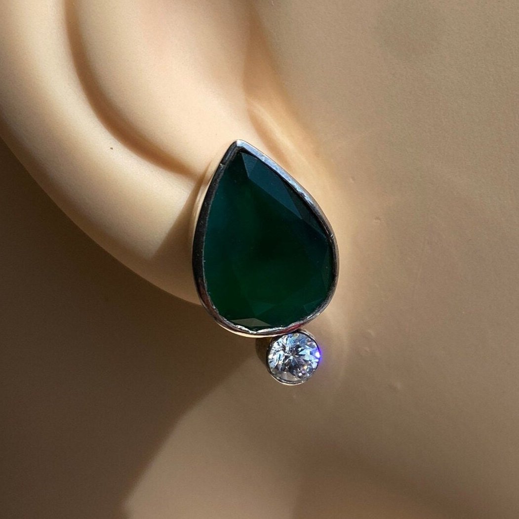 Sterling Silver Emerald & Cubic Zirconia Stud Earrings.