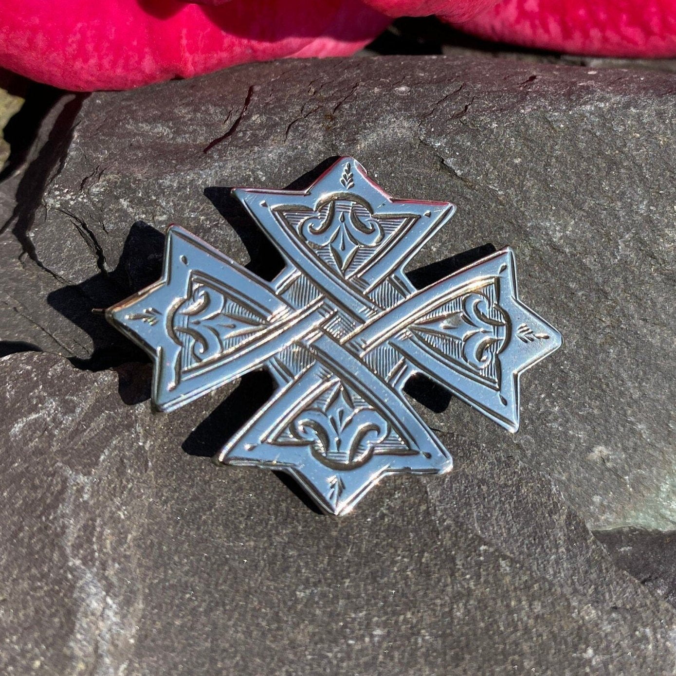 Antique Victorian Celtic Cross Brooch Silver Fronted.