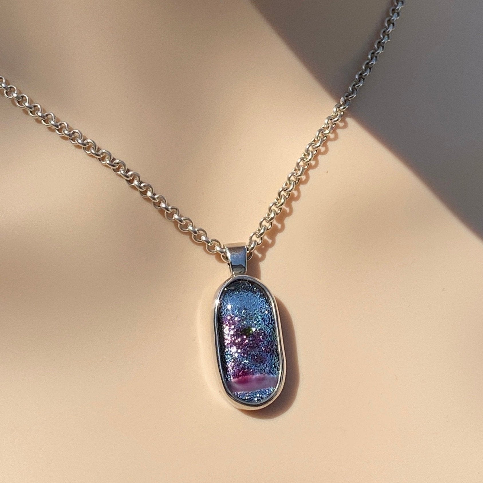 Sterling Silver & Dichroic Glass Pendant and 18 Inch Chain.