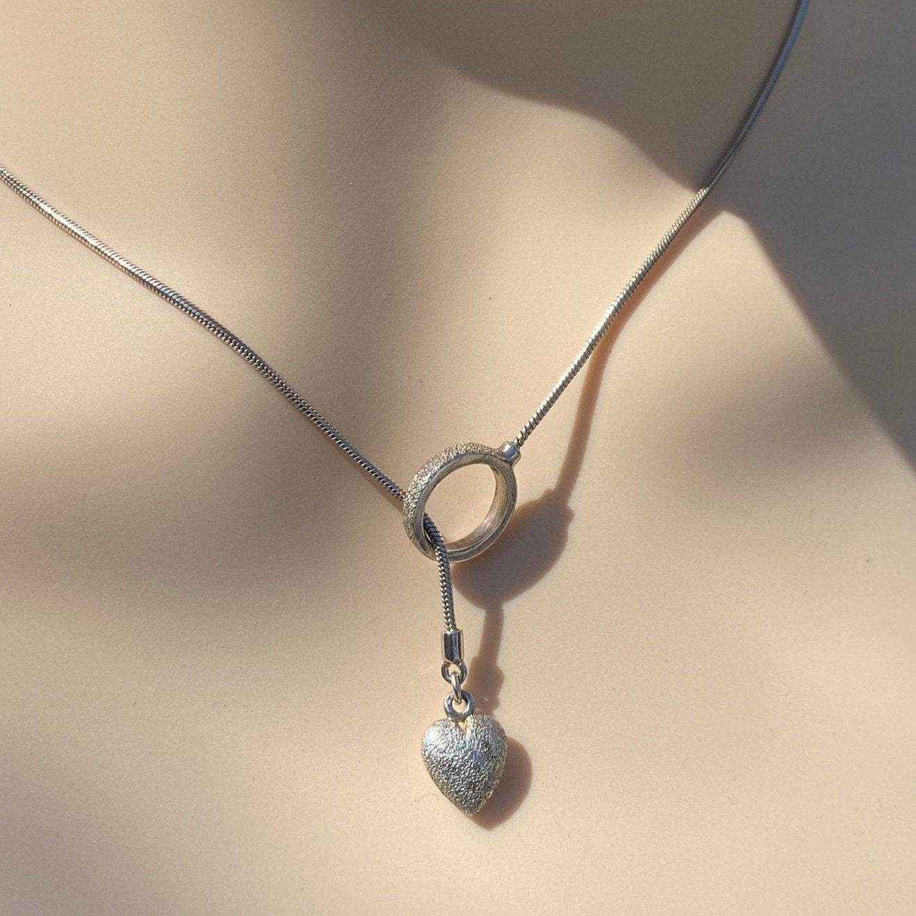 Sterling Silver Heart Pendant Lariat Necklace.