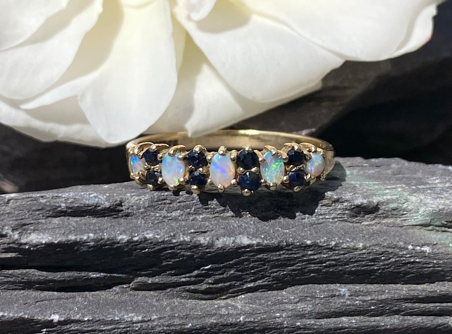 Vintage 9ct Opal & Sapphire Eternity Ring Size N 1/2 or 7 US.