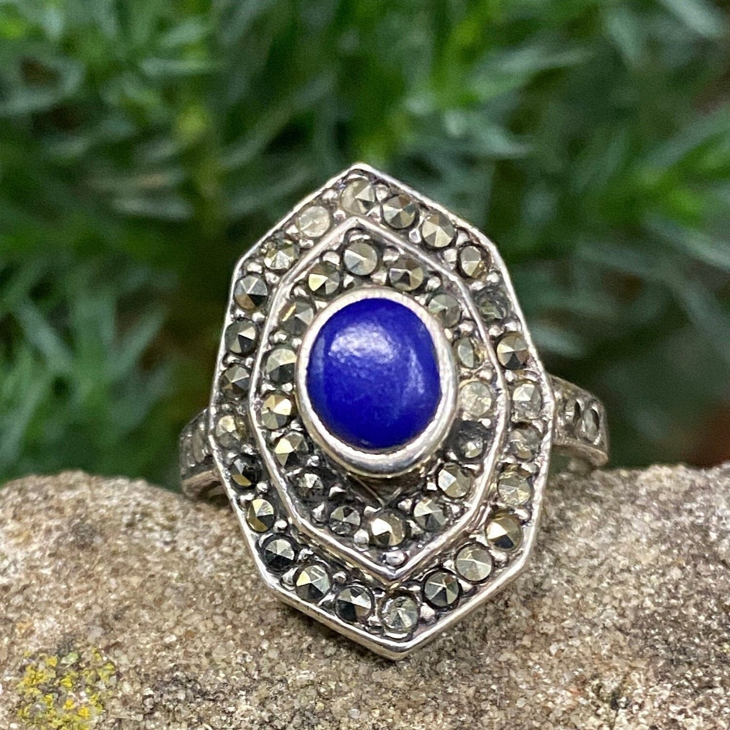 Art Deco Style Silver Lapis Lazuli & Marcasite Ring Size M or 6 1/2 US.