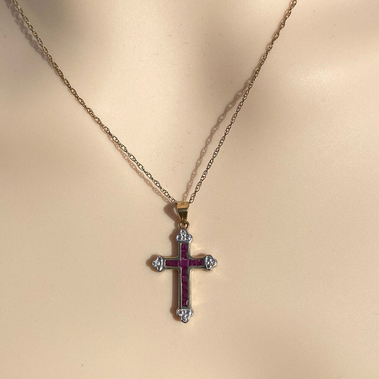 9ct Ruby & Diamond Cross Pendant And 18 Inch Chain.