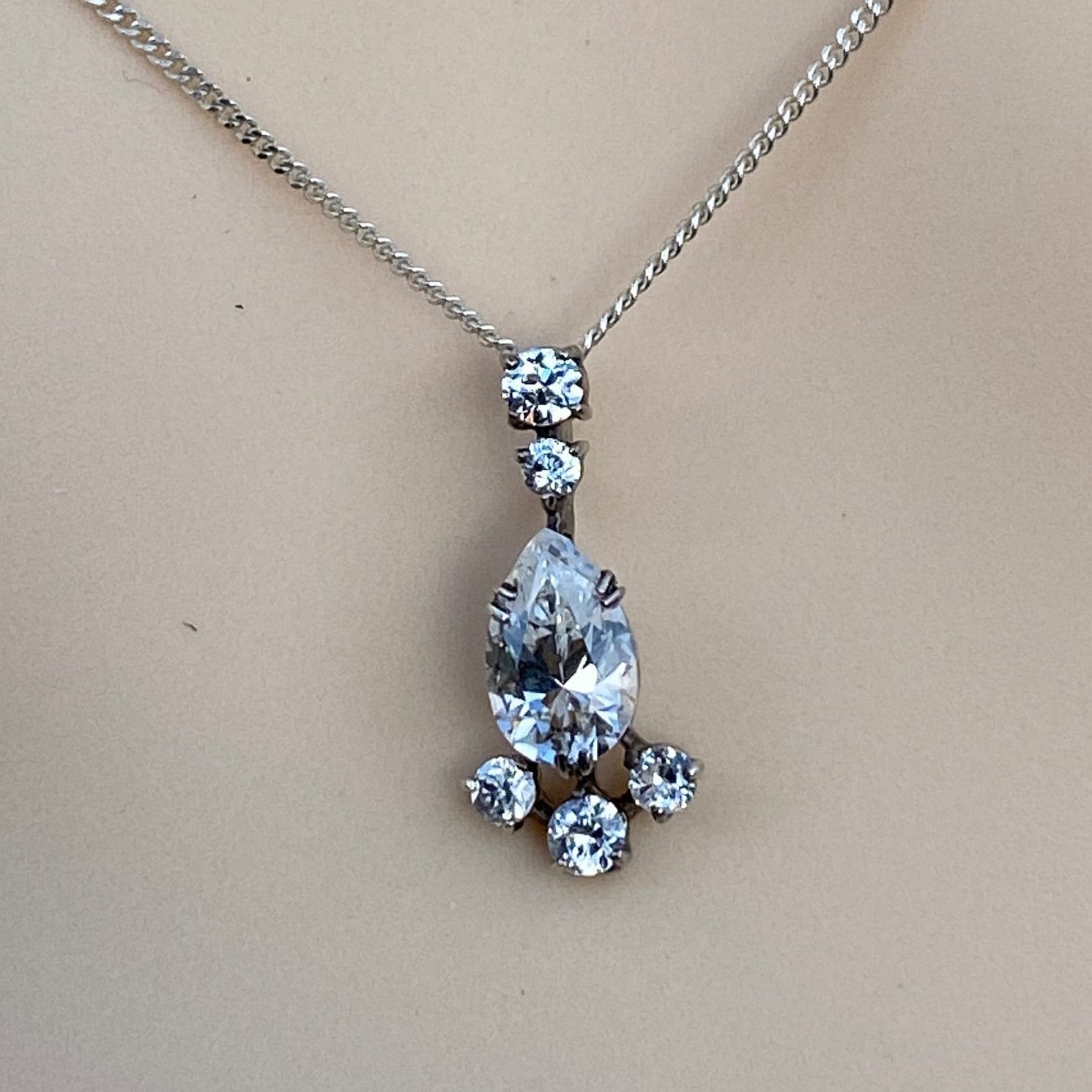 Cubic Zirconia Drop Necklace In Sterling Silver With 18 Inch Chain.