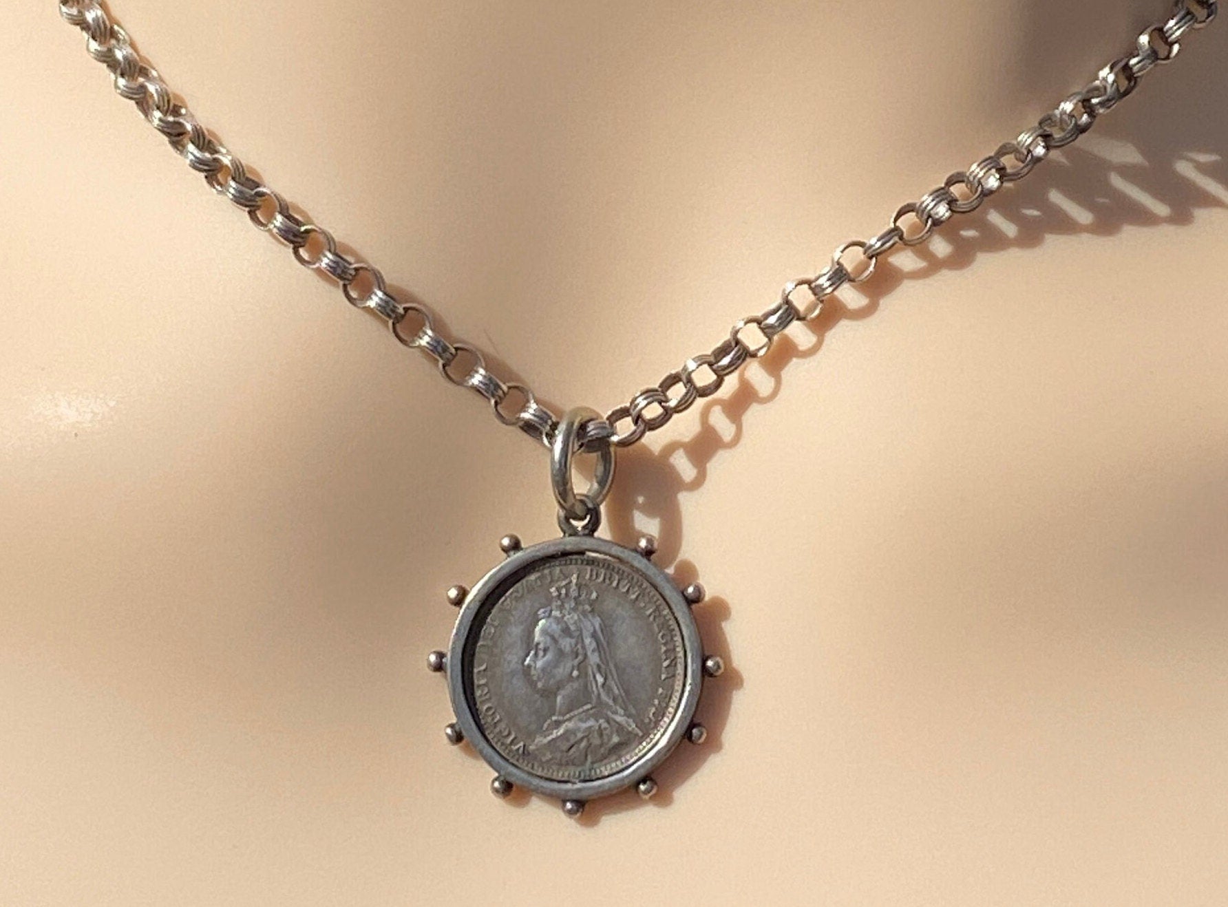 Victorian Coin Pendant & Antique Chain In Sterling Silver.