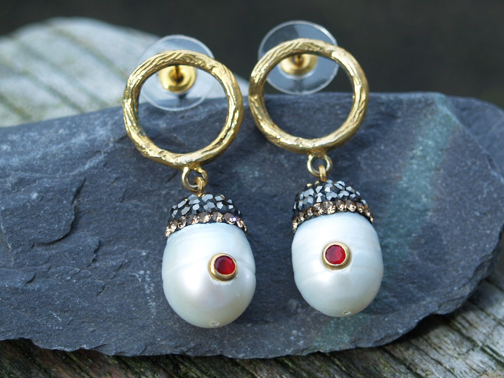 Sterling Silver Gilt Freshwater Pearl & Ruby Drop Earrings.