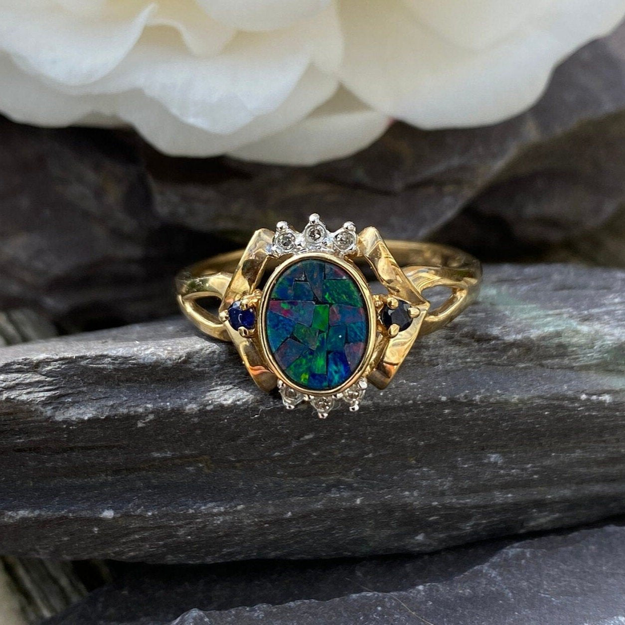 9ct Black Opal Diamond & Sapphire Ring Size R 1/2 or 9 US.