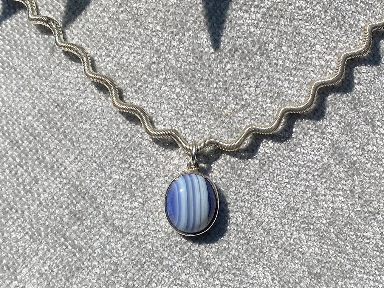 Sterling Silver Banded Glass Pendant & Spiral Coil Chain.