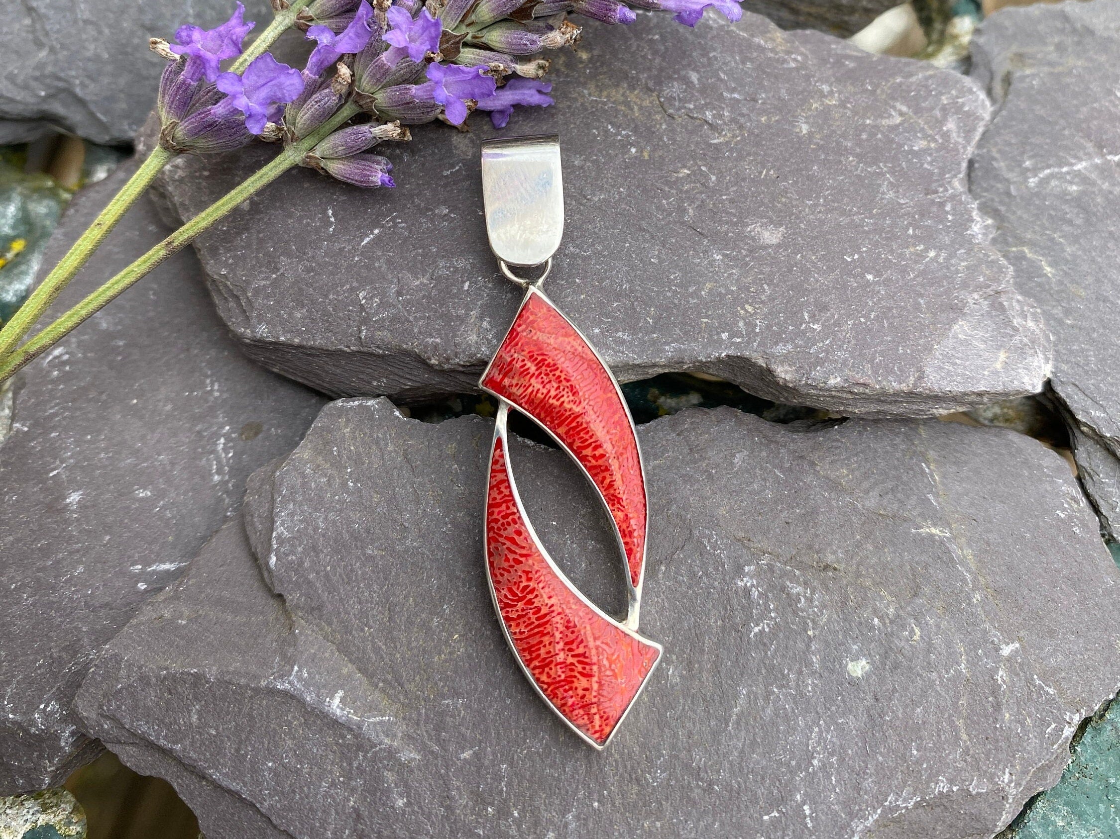 Silver & Bamboo Coral Abstract Pendant .