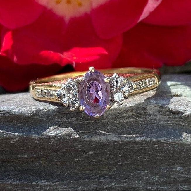 9ct Amethyst & Diamond Engagement Ring Size O or 7 1/4 US.