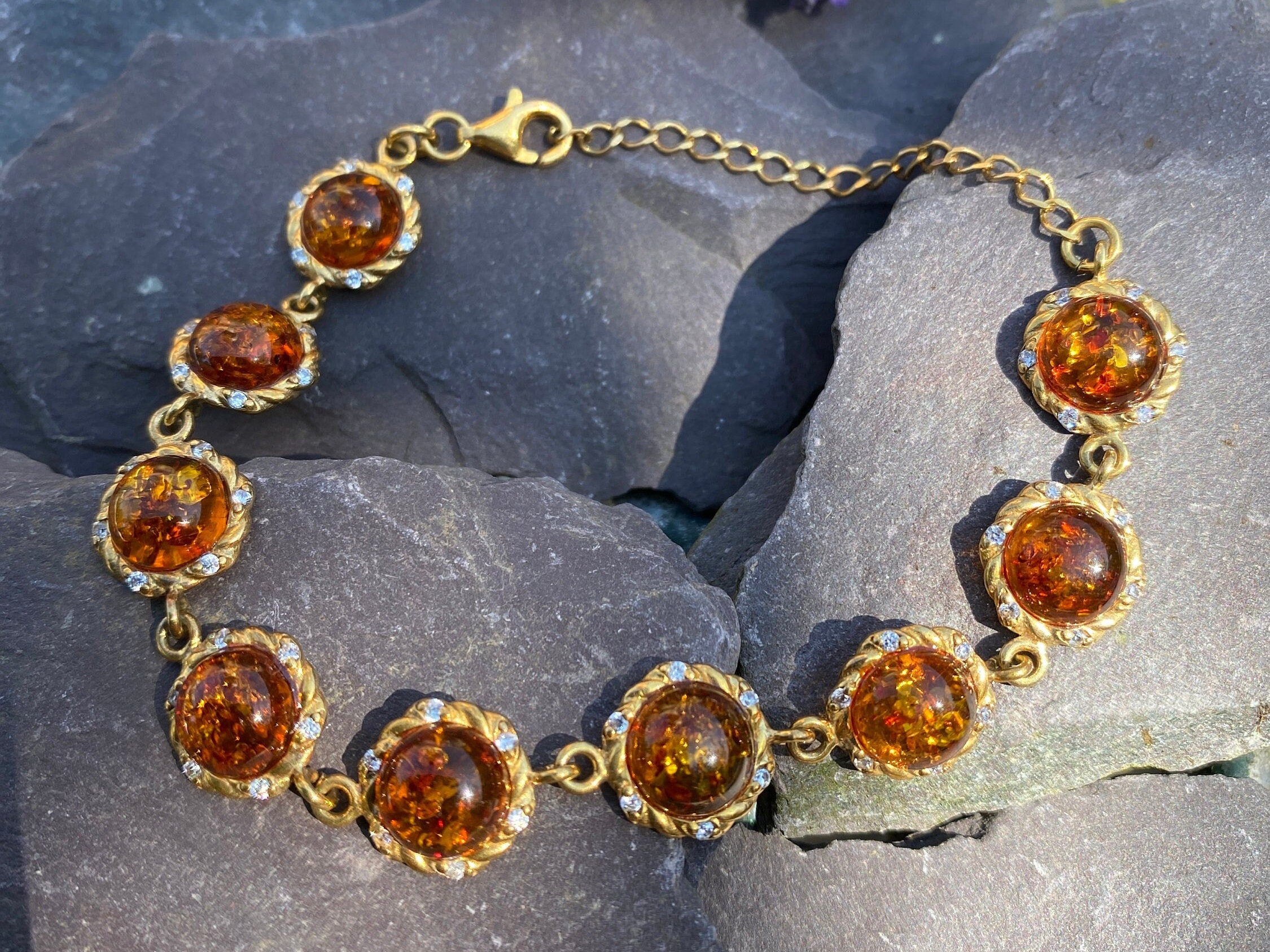 Vermeil Amber Bracelet Set With Cubic Zirconia Stones.