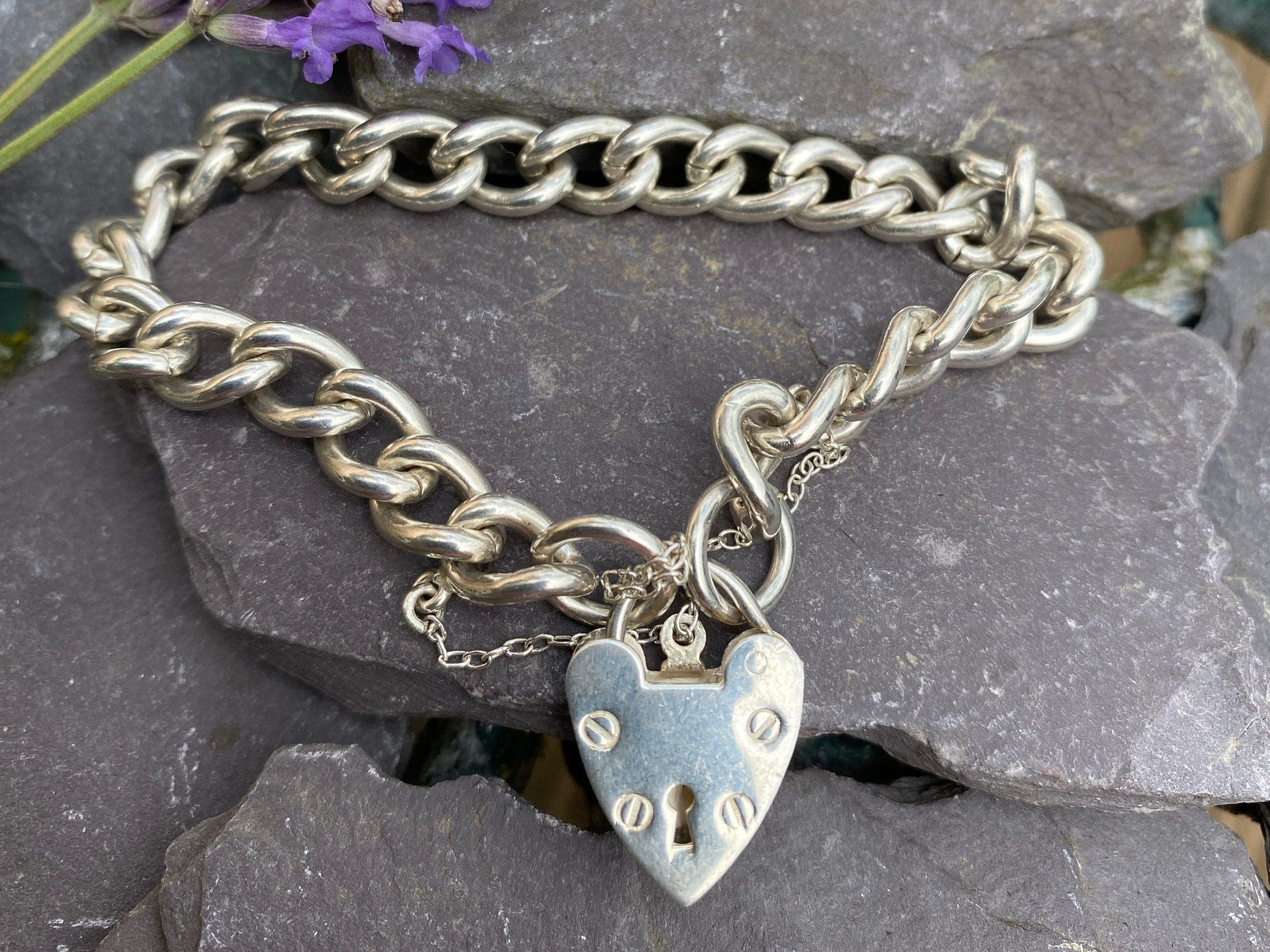 Silver Curb Link Padlock Charm Bracelet.