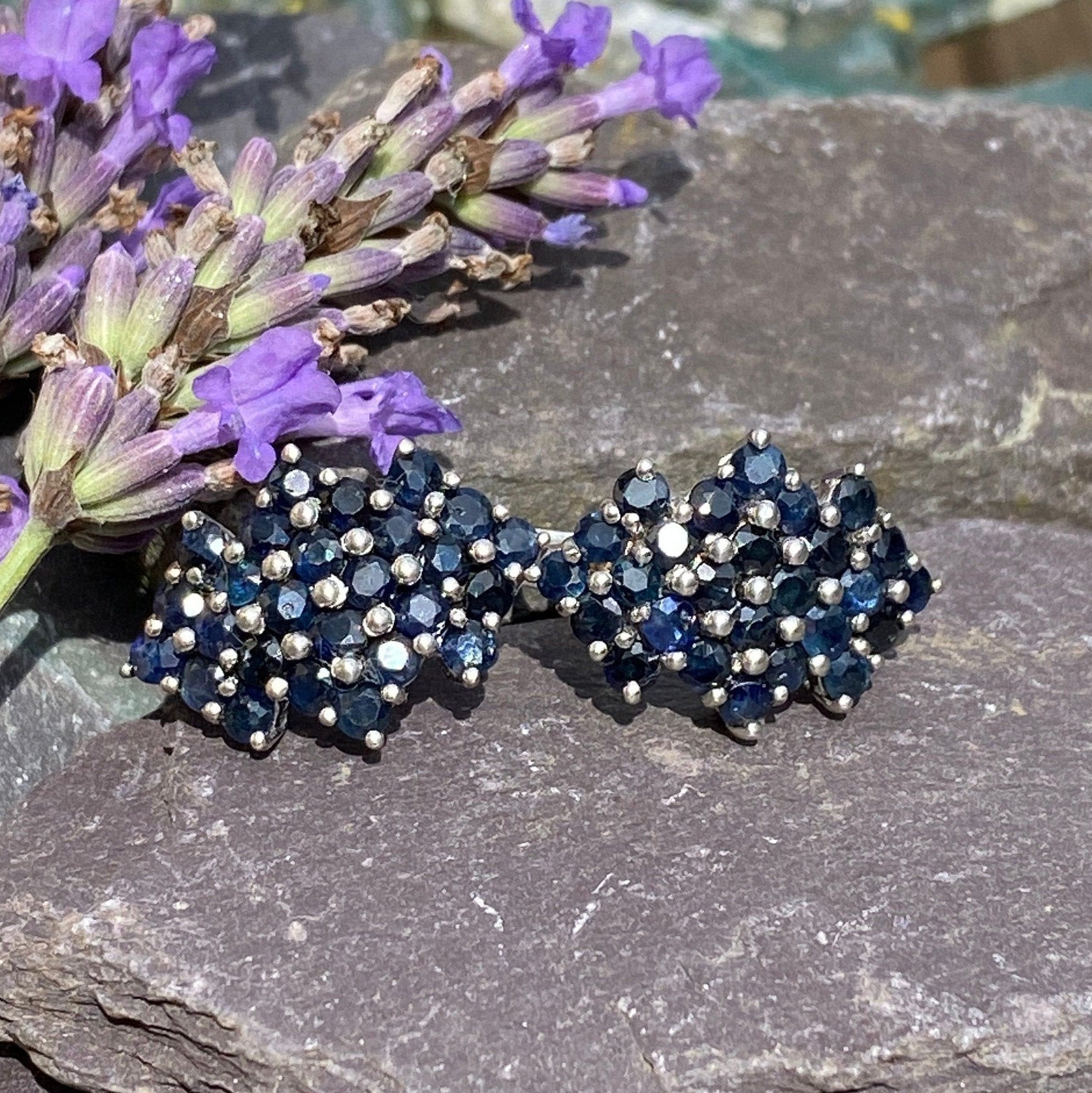 Blue Sapphire Cluster Earrings in Sterling Silver French Clip Backs.