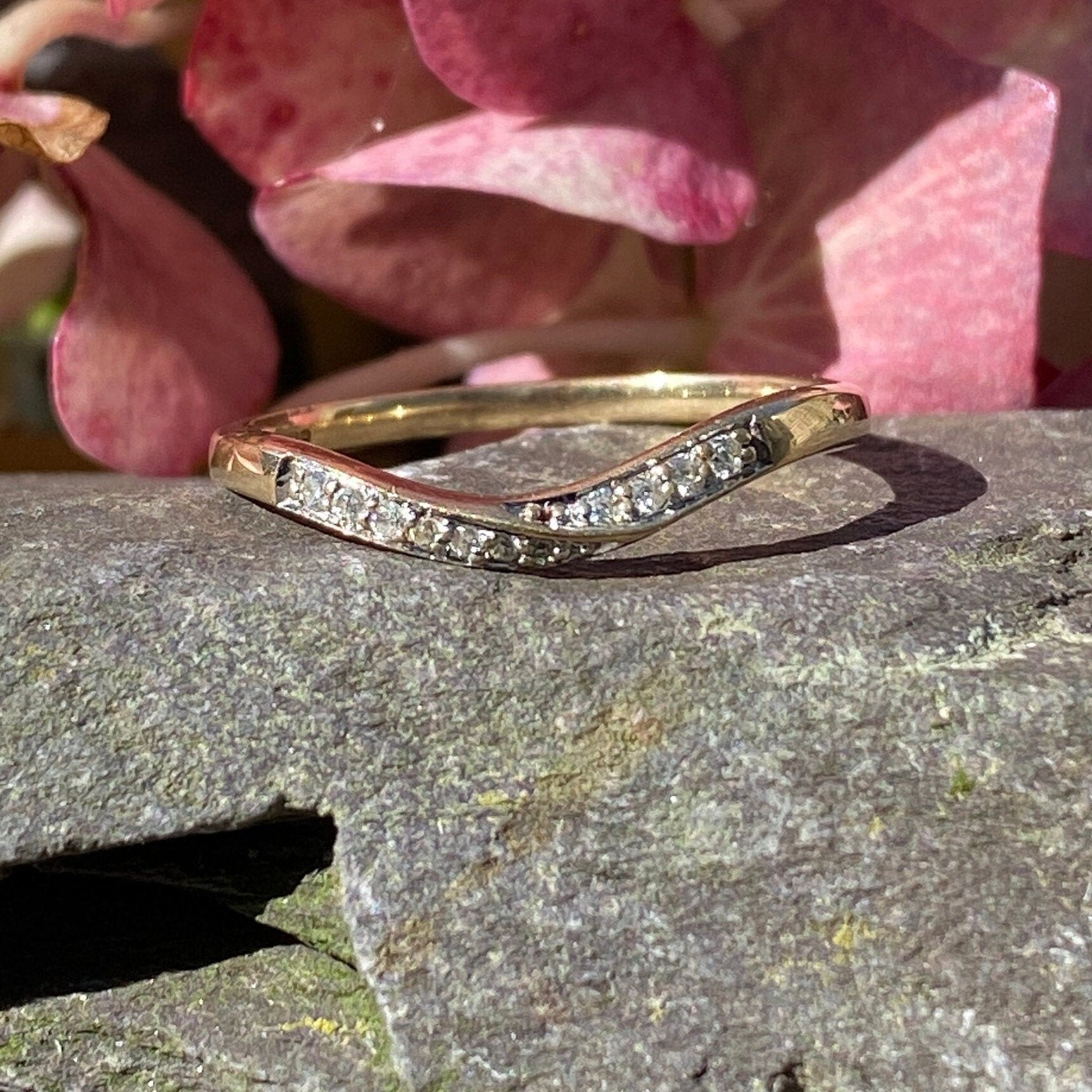 9ct Gold Diamond Wave Wedding Ring Size P 1/2 or 8 US.