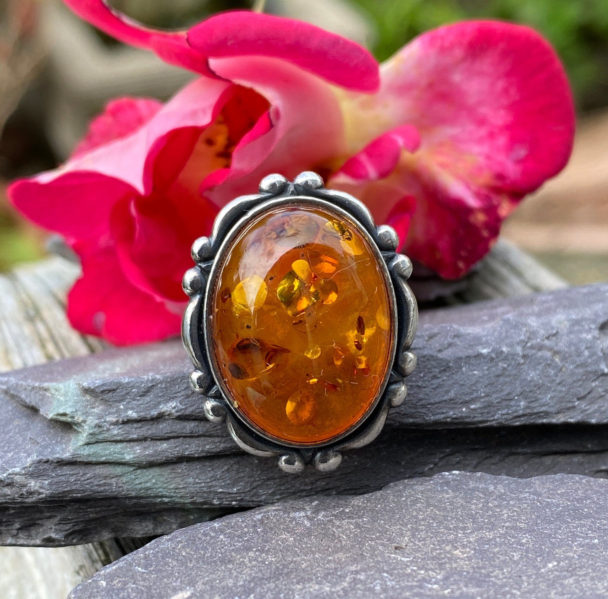 Sterling Silver & Amber Ring Size Q or 8 1/4 US.