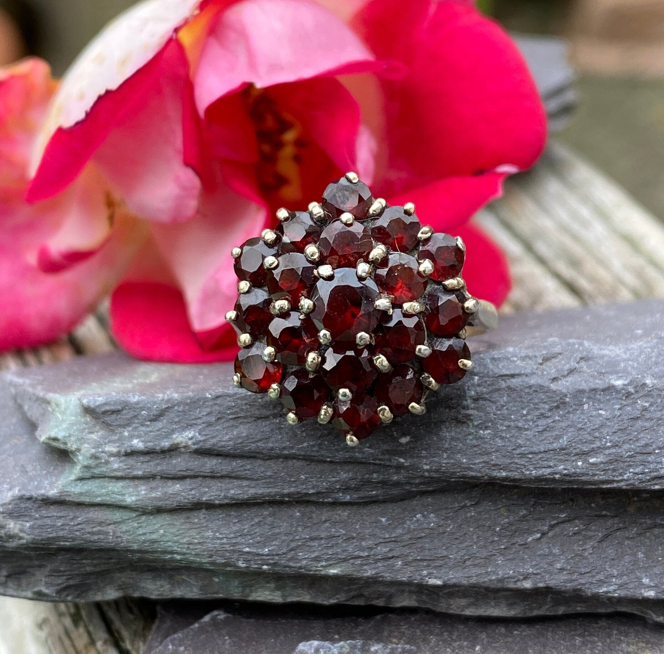 Vintage Silver Gilt Garnet Cluster Ring Size M or 6 1/2 US.