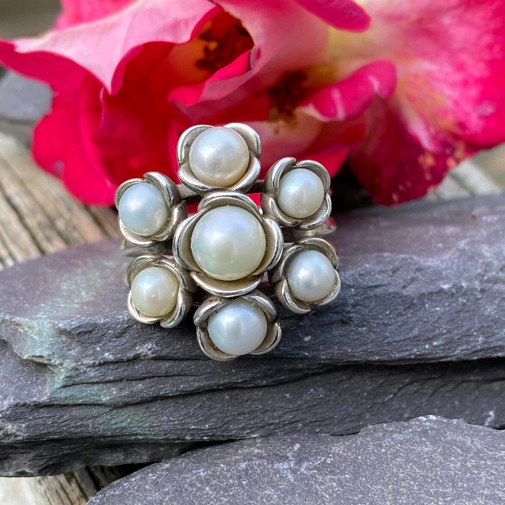 Pandora Sterling Silver & Pearl Ring Size N or 6 3/4 US.