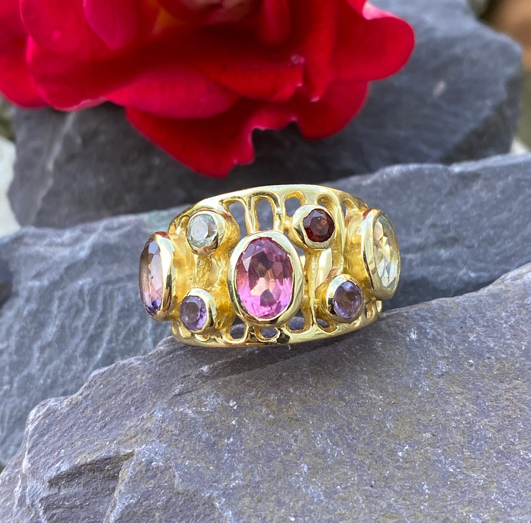 Vermeil Multi gem Wide Band Ring Size Q or 8 1/4 US.