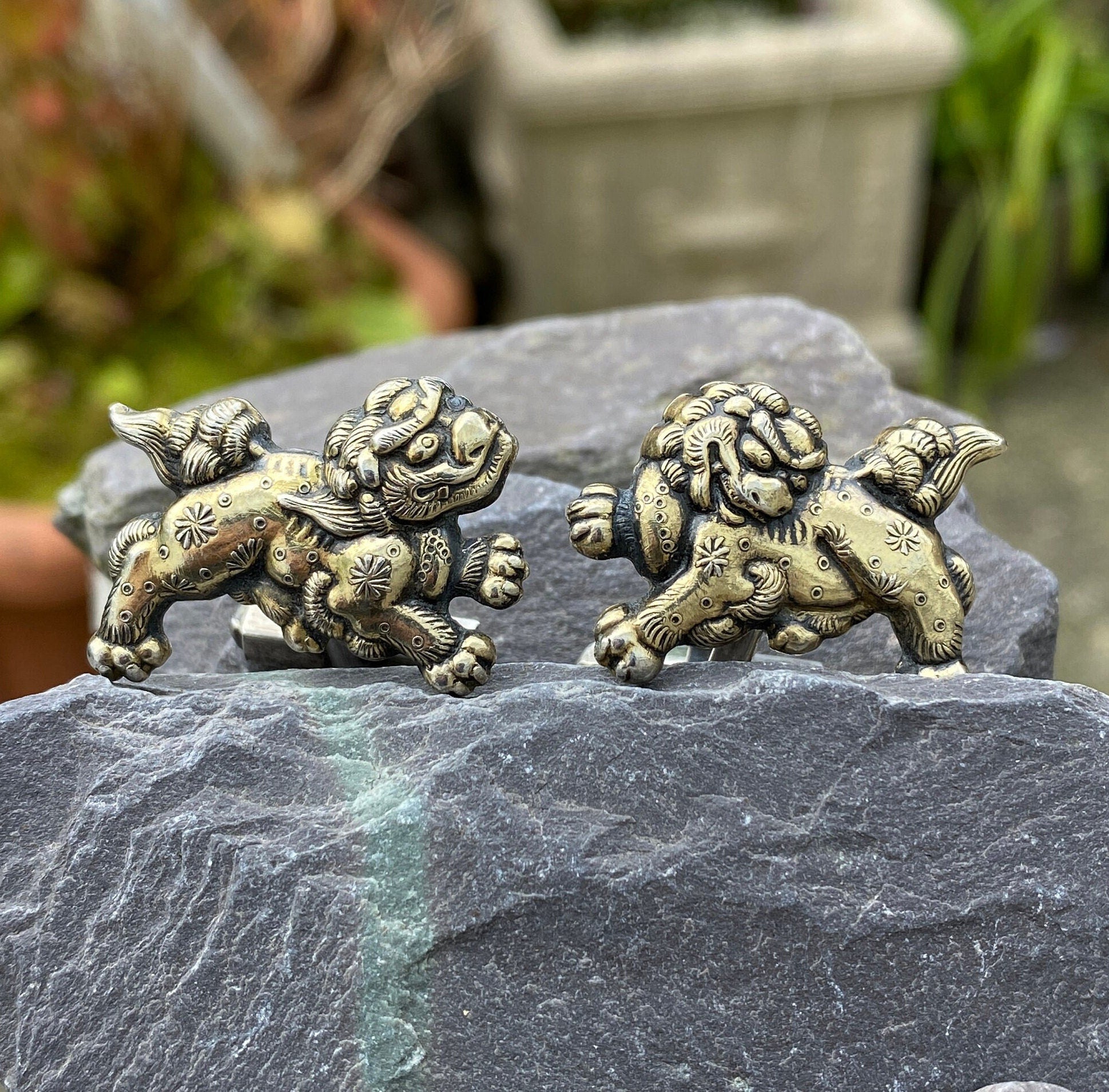 Vintage Chinese Temple Dog Cufflinks In Gilded Silver.