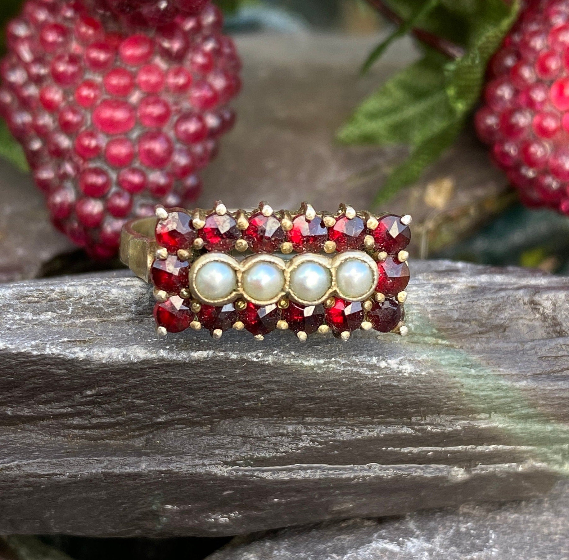 Vermeil Garnet & Pearl Ring Size N or 6 3/4 US