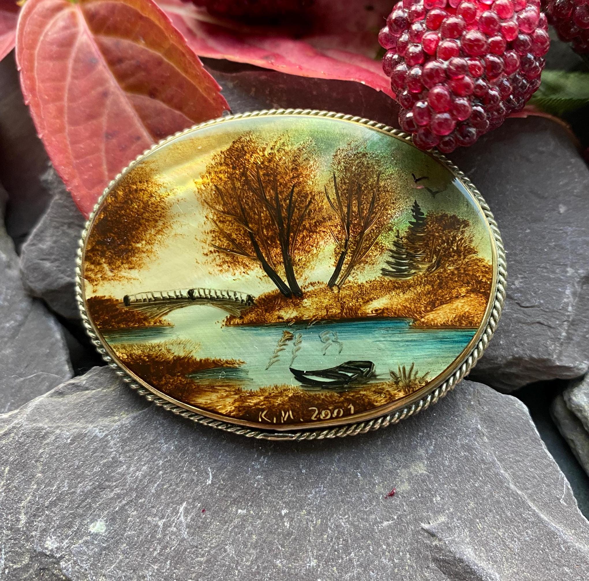 Vintage Hand Painted Mother Of Pearl Scenic Brooch.