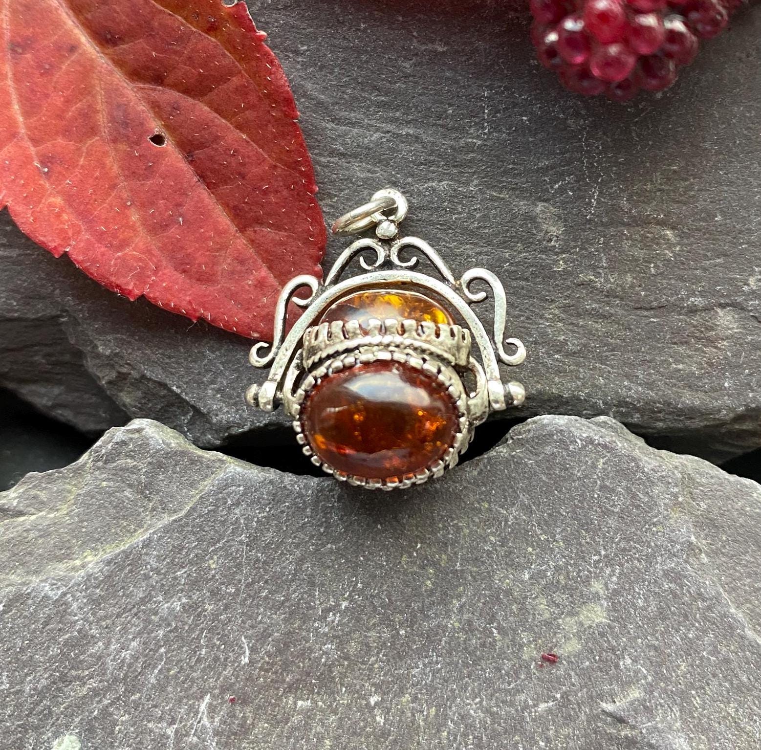 Vintage Sterling Silver & Amber Swivel Fob Pendant.