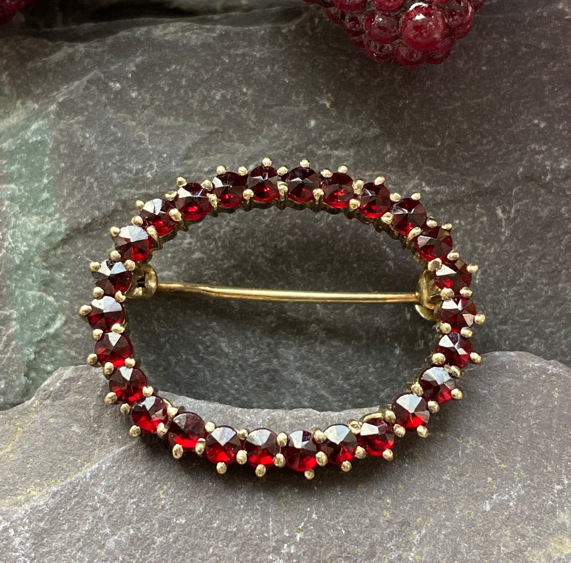 Vintage Bohemian Garnet Brooch In Vermeil.