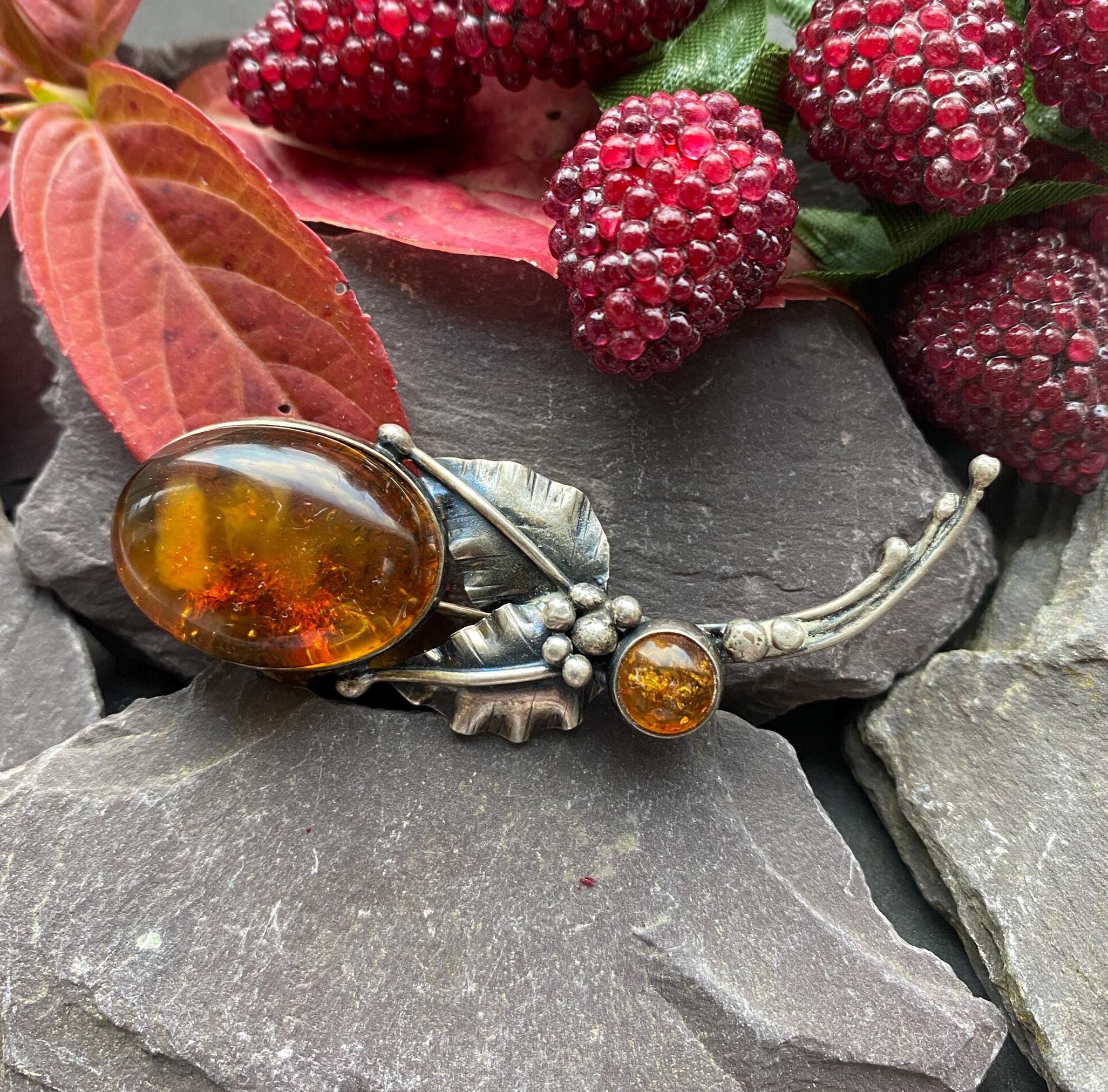 Vintage Amber & Sterling Silver Brooch.