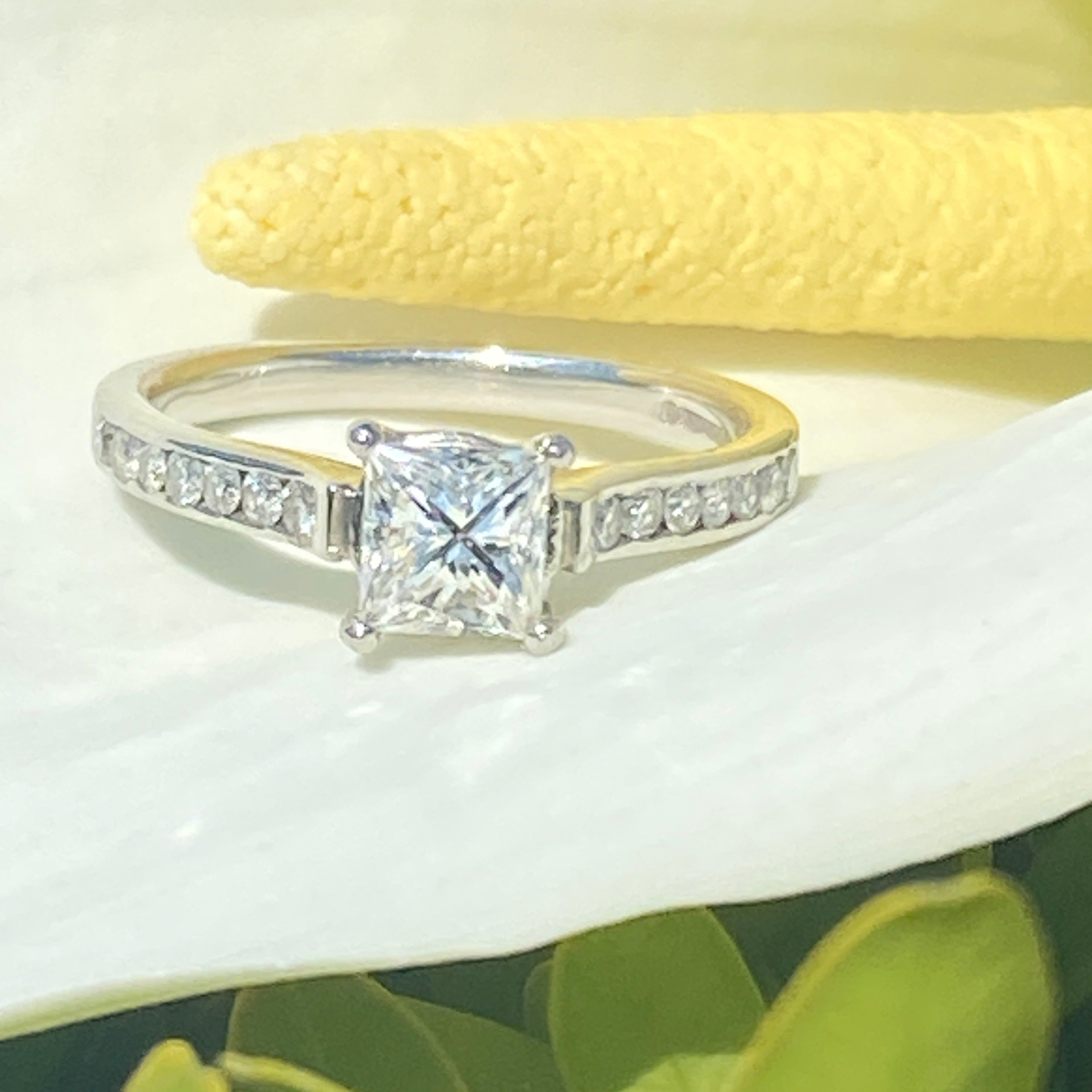 Platinum Princess Cut Diamond & Diamond Shoulder Ring Size K 1/2 or 5 1/2 USA