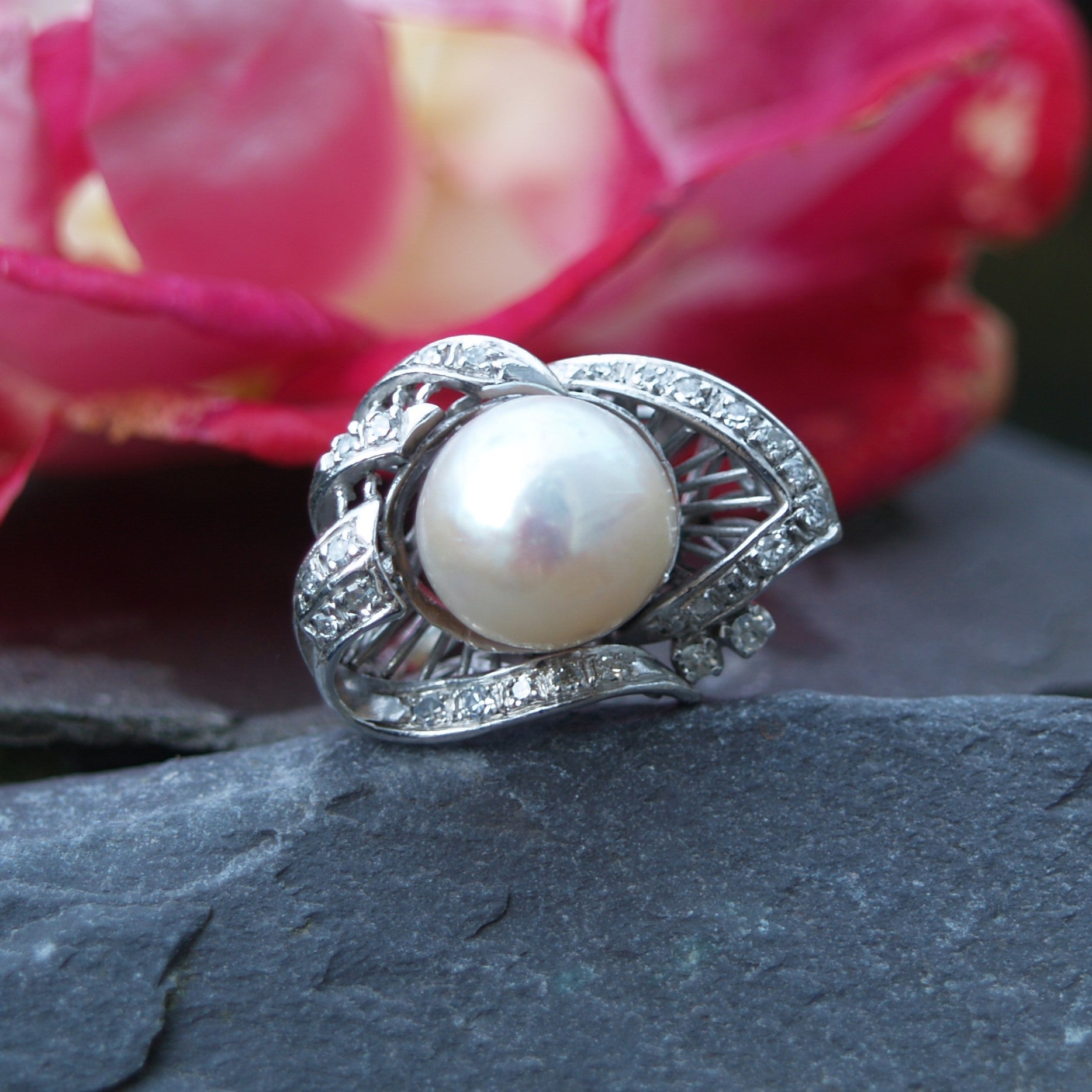 Art Deco 14ct Cultured Pearl & Diamond Ring Size N or 6 3/4 USA