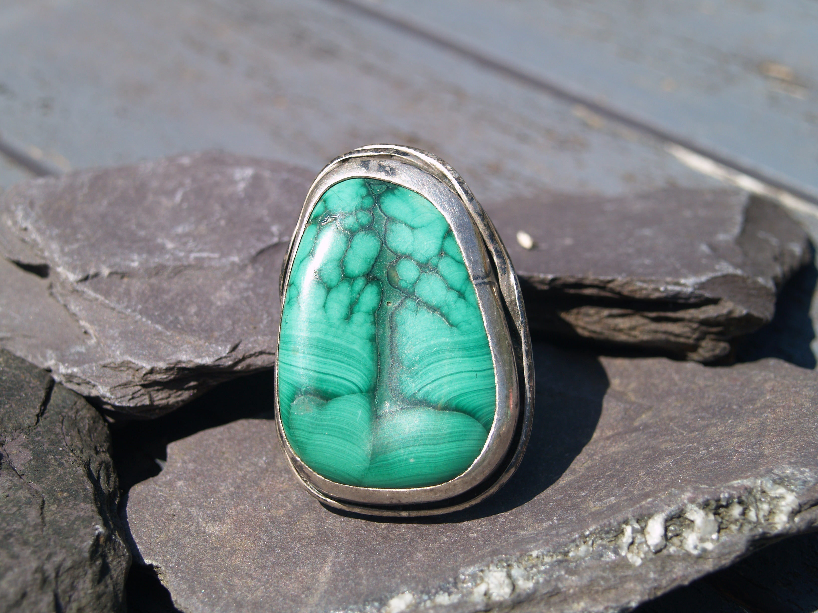 Designer Andrzej Pacak Malachite & Sterling Silver Ring Size N or 6 3/4 USA.