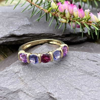 9ct Gold Tanzanite, Amethyst & Garnet Eternity Stackable Ring Size L or 5 3/4 US.