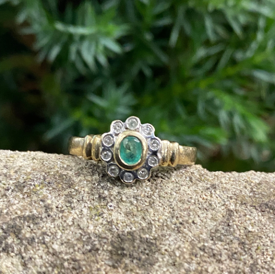 9ct Emerald & Diamond Ring Hallmarked Size O or 7 1/4 US