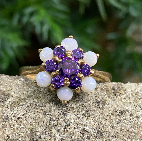 9ct Gold Opal & Amethyst CZ Cluster Ring Hallmarks London Size N 1/2 or 7 USA
